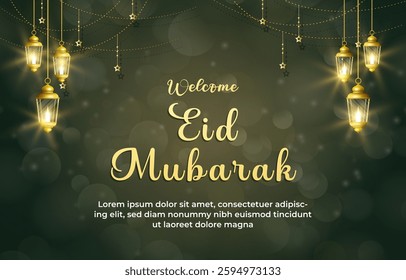 welcome eid mubarak template banner with beautiful islamic ornament with green background design 91