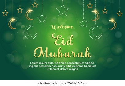 welcome eid mubarak template banner with beautiful islamic ornament with green background design 94