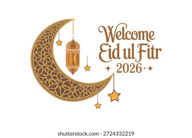 Bienvenido Eid ul Fitr 2026 Linterna de la luna de la media luna de oro y estrella sobre fondo blanco
