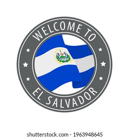 Bienvenidos a El Salvador. Sello gris con una bandera ondeando. Colección de iconos de bienvenida.