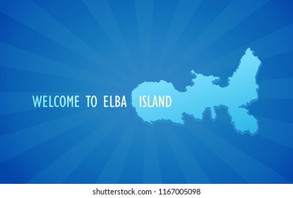 Welcome To Elba Island. Blue Vector Banner with Silhouette of Elba island. Style Travel illustration for Tour to Italy.