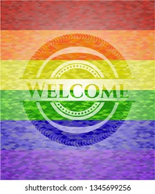 Welcome emblem on mosaic background with the colors of the LGBT flag