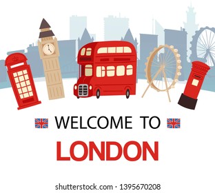 Welcome to England banner vector illustration. London tourist sights and symbols of Great Britain, discover United Kingdom. Big Ben or Great Bell of Palace of Westminster.