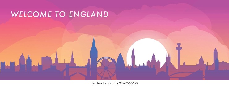 Bienvenido a Inglaterra, horizonte del Reino Unido con el panorama de las ciudades, Anuncio de Vector gradiente. Colorido Londres, Birmingham, Leeds, Bradford, Bristol, silueta de Manchester para pie de página, cabecera, gráfico Horizontal