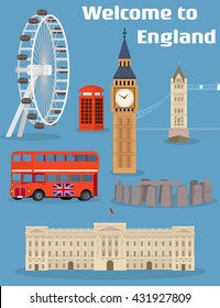 Welcome to England - Vector set of the London famous place and landmark with Tower Bridge, Big Ben, London Eye, Red phone booth, Red double-decker bus and Buckingham Palace. On flat style svg