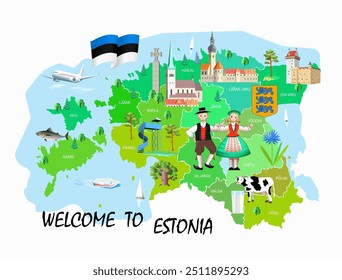 Bem-vindo à Estônia. Mapa de viagens de Estônia. Ilustração de arte vetorial