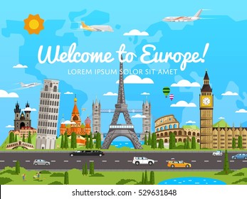 Welcome to Europe. European country visit invitation. Discover Europe. World traveling vector illustration. Famous landmark attraction and busy traffic road. Aircraft transit to place destination
