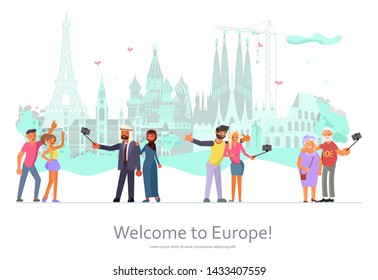 Welcome to Europe page website template.Voyage around world and make a photo selfie. Flat Art Vector illustration