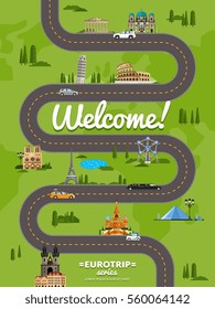 Welcome to Europe poster with famous attractions along winding road vector illustration. Travel concep with Eiffel Tower, Leaning Tower, Kremlin, Coliseum. Worldwide traveling, time to travel concept