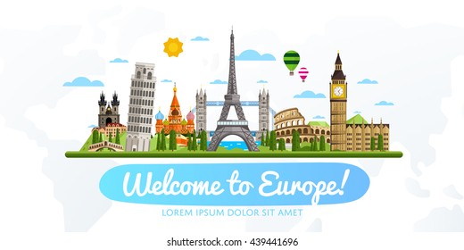 Welcome To Europe Travel Background. Europe Travel Landmark And Famous Travel Place. World Traveling Concept Flat Vector Illustration