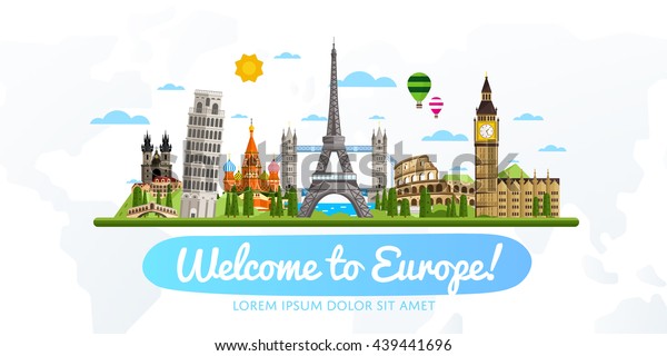 Welcome to Europe travel background. Europe\
travel landmark and famous travel place. World traveling concept\
flat vector\
illustration