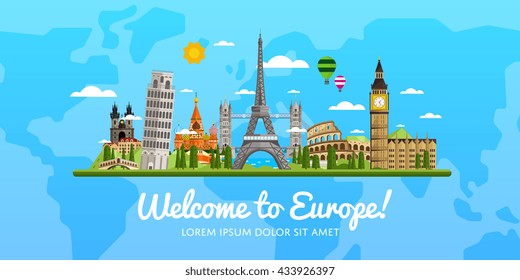 Welcome to Europe travel on the world concept traveling flat vector illustration. Worldwide traveling.