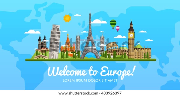 Welcome to Europe\
travel on the world concept traveling flat vector illustration.\
Worldwide traveling.