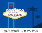 Welcome to fabulous Las Vegas sign icon at night. Classic retro symbol. Nevada sight showplace. Palm tree set. Template for greeting card, banner, sticker print. Flat design. Blue background. Vector