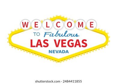 Willkommen bei der fabelhaften Las Vegas Zeichen-Ikone. Nevada Sight Showplace. Klassisches Retro-Symbol. Vorlage für Grußkarte, Banner, Aufkleberdruck. Flaches Design. Weißer Hintergrund. Isoliert. Vektorgrafik