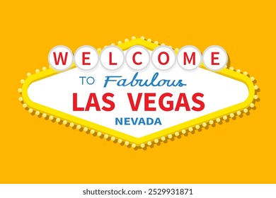 Willkommen zum fabelhaften Las Vegas Symbol. Nevada Schauplatz. Klassisches Retro-Symbol. Vorlage für Grußkarte, Banner, Aufkleber. Flaches Design. Einzeln. Gelber Hintergrund. Vektorgrafik