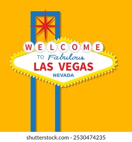 Willkommen zum fabelhaften Las Vegas Symbol. Roter Stern. Nevada Schauplatz. Vorlage für Grußkarte, Banner, Aufkleber. Klassisches Retro-Symbol. Flaches Design. Einzeln. Gelber Hintergrund. Vektorgrafik