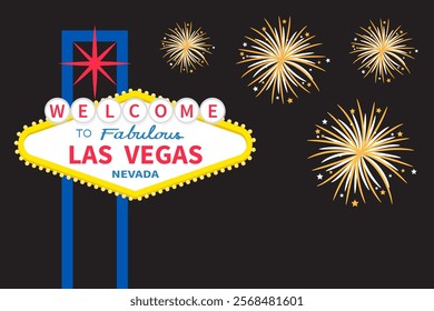 Welcome to fabulous Las Vegas sign icon at night. Classic retro symbol. Fireworks in the sky. Nevada sight showplace. Template for greeting card, banner, poster. Flat design. Black background. Vector