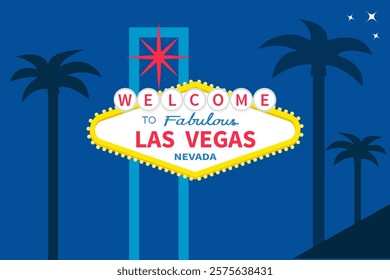 Welcome to fabulous Las Vegas sign icon at night. Classic retro symbol. Palm tree set. Nevada sight showplace. Template for greeting card, banner, sticker print. Flat design. Blue background. Vector