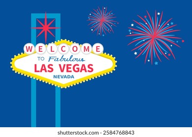 Welcome to fabulous Las Vegas sign icon at night. Classic retro symbol. Fireworks night sky. Nevada sight showplace. Template for greeting card, banner, poster. Flat design. Blue background. Vector