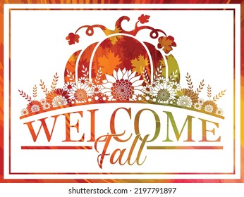 Welcome fall autumn banner with a pumpkin and sunflowers in festive autumn colors. Autumn flag with hand drawn floral elements