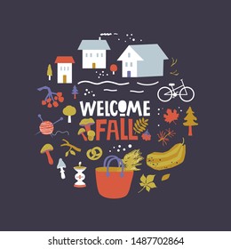 Welcome Fall, Autumn text poster of mushrooms and autumnal leaves. Cozy set cute hand drawn elements in cartoon style. Vector illustration for web, card, poster, cover, tag, invitation