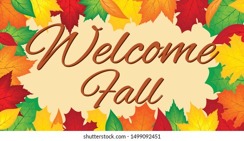 Welcome fall banner with autumn colored maple leaves, social media banner