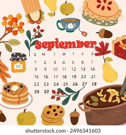 Willkommen Herbst Konzept. Herbstwaldpflanzen, Blumen, Blätter, Herbstfrüchte und Lebensmittel. Blumen saisonale Rahmen. Gemütlicher Kalender September 2024. Handgeschriebene Inschrift des Monats