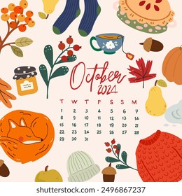 Concepto de otoño de bienvenida. Plantas del bosque del otoño, animales, hojas, frutas del otoño y ropa para proteger contra la lluvia. Marco estacional floral. Acogedor calendario de octubre de 2024. Inscripción manuscrita del mes