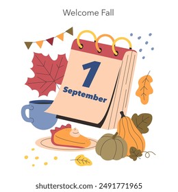 Welcome Fall concept. Celebration of autumn arrival with calendar, pumpkins, and pie. Seasonal change, harvest, and cozy home vibes. Vector illustration.