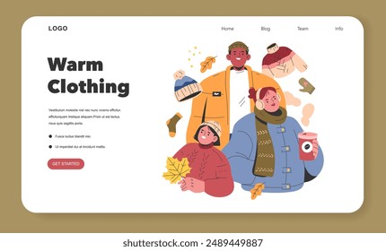 Welcome Fall concept. A cheerful group in cozy autumn attire enjoys the seasonal change. Playful leaves and warm coffee evoke a snug ambiance. Vector illustration.