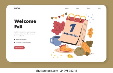 Welcome Fall concept. A cozy autumn scene with pumpkin, pie, and falling leaves marks the start of September. Vector illustration.
