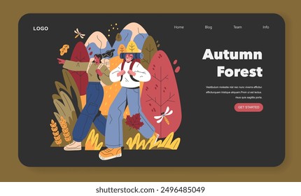 Welcome Fall concept. Friends hiking in an autumn illustration with colorful trees and falling leaves capture the essence of the season. Vector illustration.