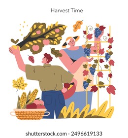 Welcome Fall concept. People engaging in autumn harvest with a variety of fruits and vegetables. Celebrating the season of plenty amidst falling leaves. Vector illustration.