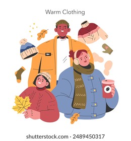 Concepto de otoño de bienvenida. Tres personas con atuendo de temporada disfrutando del otoño, rodeadas de accesorios otoñales. Conjunto de moda acogedor para un Clima frío. Ilustración vectorial.