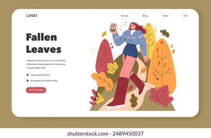 Welcome Fall concept. A young woman enjoying a walk amidst colorful autumn leaves with a coffee cup. Seasonal change, casual fashion. Vector illustration.