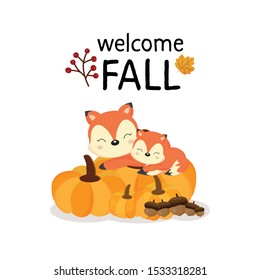 Welcome Fall  with cute forest foxes in cartoon style.