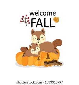 Welcome Fall  with cute forest squirrels in cartoon style.