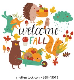 'Welcome Fall' poster with cute forest animals in cartoon style