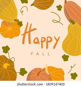 Bienvenidos a la temporada de otoño. Ilustración vectorial con varias calabazas y texto Feliz otoño. Banner de temporada y tarjeta de saludo para decoraciones festivas.