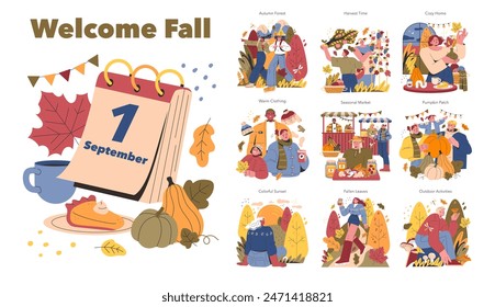 Welcome Fall set. Celebrating the cozy essence of autumn with scenes of harvest, warm clothing, seasonal markets, and outdoor activities. Vector illustration.