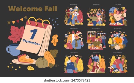 Welcome Fall set. Celebrating the cozy season with activities like forest walks, market visits, and pumpkin picking. September calendar, warm drinks, and foliage. Vector illustration.