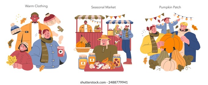 Bienvenidos al set de otoño. Actividades acogedoras de otoño con ropa de abrigo, un mercado de temporada y una aventura de parche de calabaza. Celebra la temporada de otoño. Ilustración vectorial.