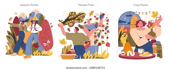 Welcome Fall set. Hiking in autumn forest, picking fruits during harvest season, and cozy moments at home. Autumnal activities and relaxation. Vector illustration.