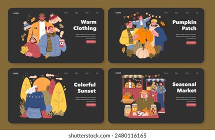 Welcome Fall set illustrates cozy autumn vibes with seasonal activities and home warmth. Pumpkin spices, harvest joy, and nature walks. Vector illustration.