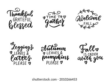 Welcome fall. Thankful, grateful, blessed. Autumn leaves and pumpkins please. Autumn thanksgiving hand lettering phrases set. Happy harvest quotes bundle. 