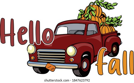 Welcome fall with this classic red truck filled with pumpkins and the words Hello Fall. 