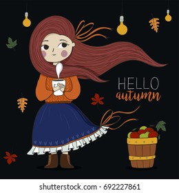 Welcome fall! Vector autumn illustration. Cute girl with coffee