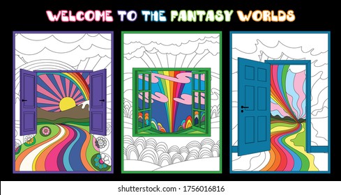 Welcome to the Fantasy Worlds Original Illustrations Open Window and Doors, Fantastic Landscapes, Psychedelic Art Style 