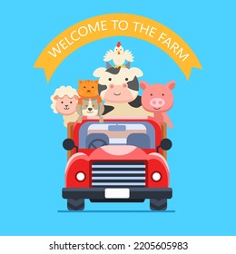 welcome to the farm vector, cute farm animal illustration on red farm car. isolated in blue background